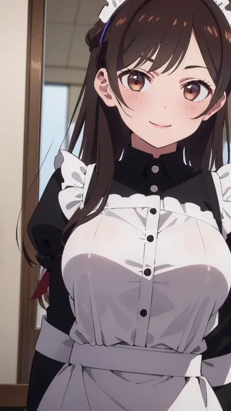 (((pixel perfect, perfect in every detail))), alone, one girl, chizuru ichinose, big breasts,maid clothes,headband,view your vie...