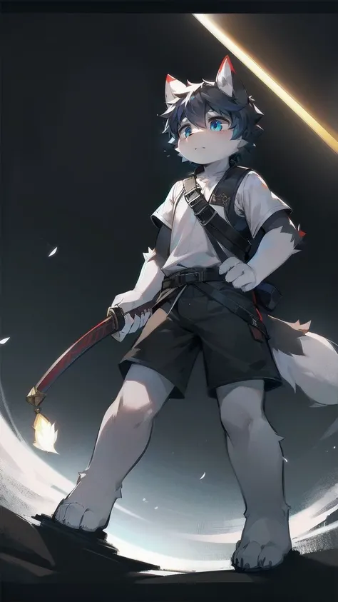 White Wolf，black hair，Sky blue eyes，hairy，Wolf ears，Wolf tail，Full body portrait，The character is in the center of the frame，Handsome，Confident eye***but，juvenile，Black and white combat uniform，Red neck bib，Black shorts，Short sleeve，hairy arms and legs，Dar...