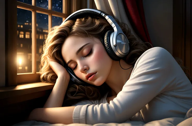 masterpiece, highest quality, beautifully, 1girl, eyes closed, sleeping, detailed lips, detailed hair, detailed outfit, headphones, bedroom, night, window opened, cinematic lighting, hyper detailed, intricate details, (best quality:1.2), (realistic:1.37), ...