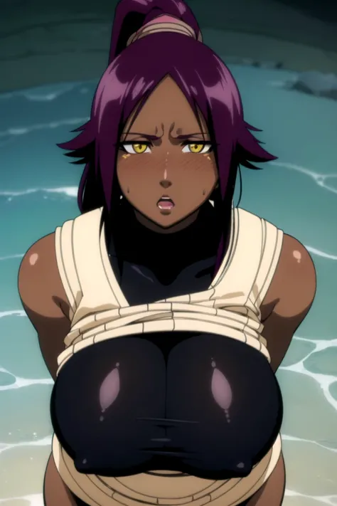 Girl, masterpiece, high quality, huge breast, bright breasts, looking into camera, safe, shining , blush face, yoruichi, long hair, yoruichi shihouin, long hair, (yellow eyes:1.5), ponytail, purple hair, dark skin, dark-skinned female, (((dark skin tone)))...