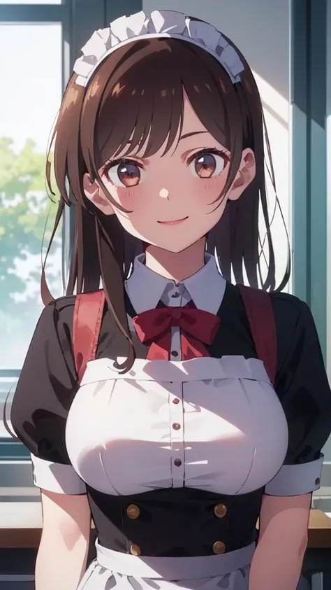 (((Pixel Perfect, Perfect in every detail))), alone, One girl, Chizuru Ichinose, Big Breasts,Maid clothes,Headband,View your viewers, smile, Upper Body: 1.0, Are standing,classroom,Cultural Festival