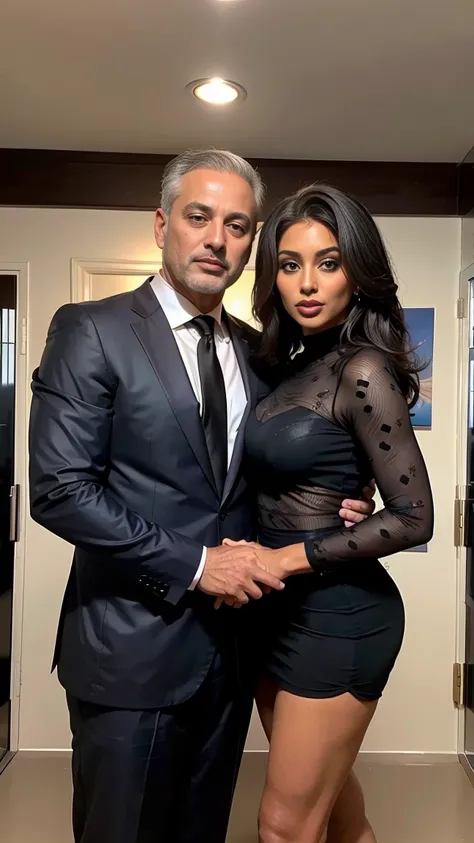 1 Arab-Lebanese woman aged 53, very classy and sexy in a formal gray suit((1 woman 53 years old))she is accompanied by 1 elegant athletic African American man of 53 years old ((Arab woman 53 years old))