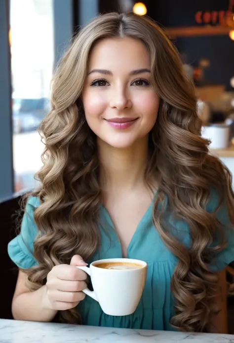 a 29-year-old American girl with long light brown wavy hair drink coffe portrait in coffe shop