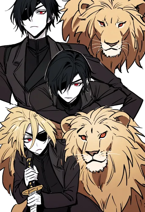 A blonde man with stylish short hair, red eyes and pale skin. His expression is one of hatred. He wears dark clothes and behaves like an alcoholic bum fighting against: A man with black hair dressed in a black overcoat, carrying a katana stroking a lion. H...