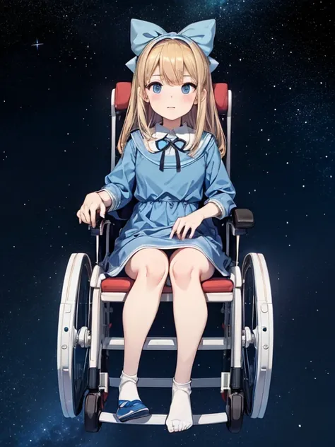 NSFW, Full body only, ,clara sesemann,by rubio,hair band,Blue eyes,blue dress,, Sitting in a wheelchair, flying through the universe