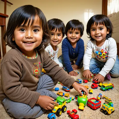 a full body shot, four 5 year old childs, playing with toys, happy face, very expressive gesture in face, ((peruvian skin)), cle...