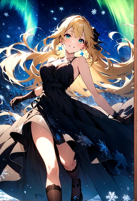 {best quality}, {{masterpiece}}, {highres}, original, extremely detailed 8K wallpaper, 1girl, {an extremely delicate and beautiful},aurora,snowflakes,starry sky,clusters of stars,starry sky,glinting stars,,starry sky ,blonde hair,long hair,half updo,floati...