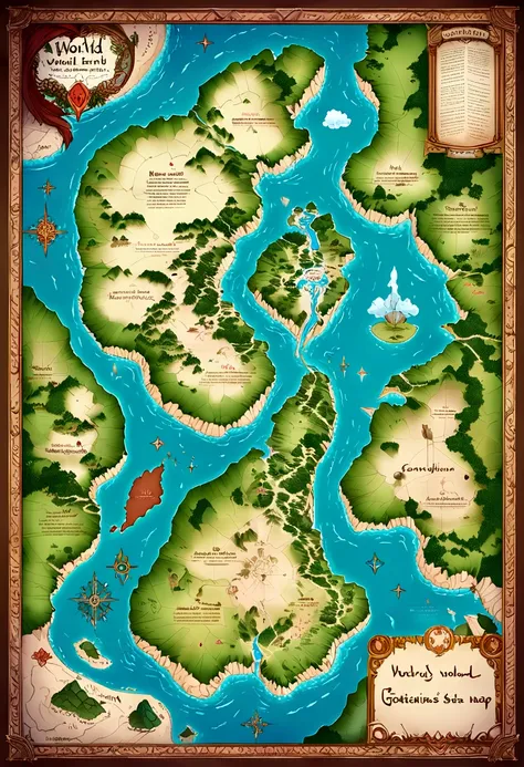 Tokkien world style map of Middle Earth, with continents, countries and islands. Combine different types of terrain such as mountains, slopes, rivers, swamps and deserts
