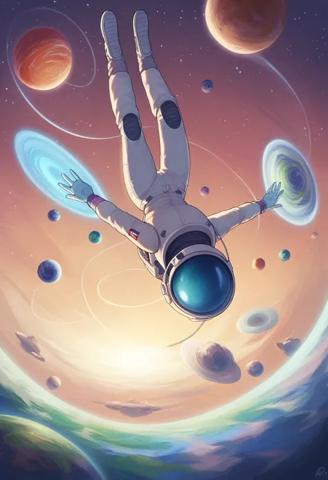 woman astronaut (((Floating in space with air))), performer, planet, nebula, whole body, empty, {Highly detailed 16K CG unit wallpaper}, Vast landscape photography, (A bottom-up perspective that focuses on the characters and the scene), (Wide field view), ...