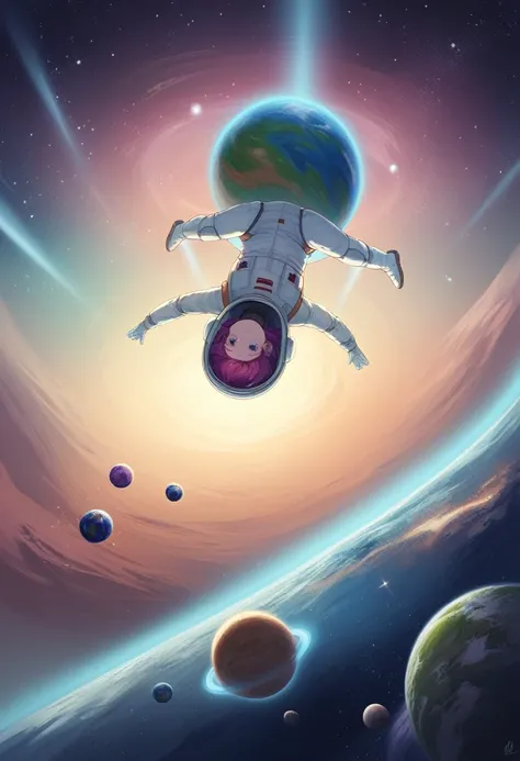 woman astronaut (((Floating in space with air))), performer, planet, nebula, whole body, empty, {Highly detailed 16K CG unit wallpaper}, Vast landscape photography, (A bottom-up perspective that focuses on the characters and the scene), (Wide field view), ...