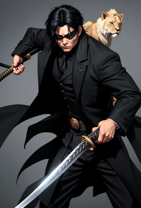 A man with black hair dressed in a black overcoat, carrying a katana stroking a lion. He has an eye patch and has the magical aura of a woman hovering over his body.