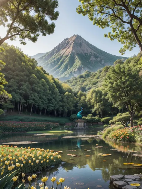 a wide land with large mountains in the middle, a giant statue of a peacock, a small lake below with lotus, and around it yellow lily and orange tulips, and on the sides peach trees, and Japanese walnut trees