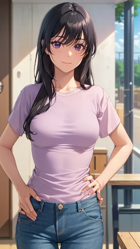 ((masterpiece, highest quality, High resolution, UHD, perfect pixel, Depth of bounds written, 4K, rtx, HDR))), 1 girl, single, alone, beautiful anime girl, beautiful art style, anime character, ((long hair, blunt bangs, black hair)), ((purple eyes:1.4, rou...