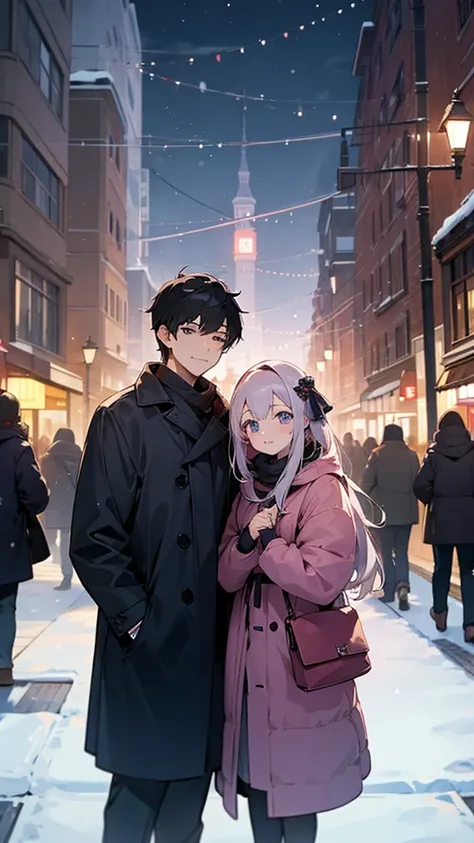 Couple、men and women、Winter Dating、((front:1.4))、Are standing、night、Side by side、In town