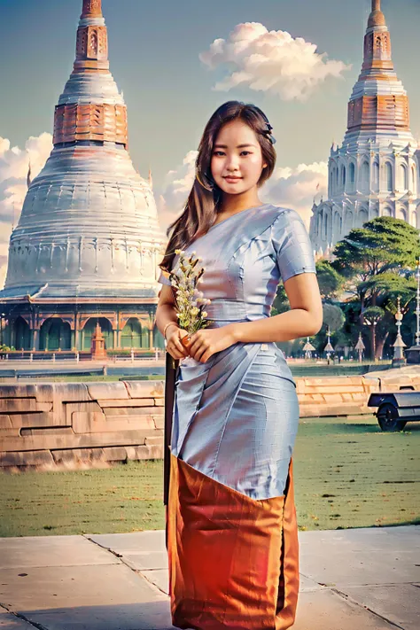 arafed asian woman in a satin dress standing in front of a crowd, (((full body view:2))), ((pretty lady MoonLay:1.2)), (pretty lady MoonLay), ((((pretty lady MoonLays innocent cute face and cute small smile:1.3)))), (random other girls), ((wearing Myanmar ...