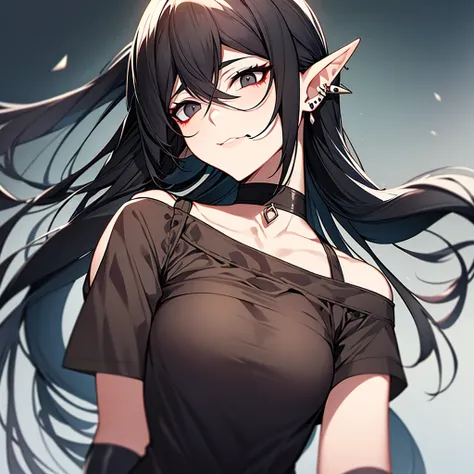 An elf with long black hair with a ponytail and black eyes with a piercing on her lip in a gray rushak