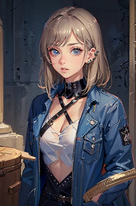 ((Best Quality)), ((Masterpiece)), (detailed), young girl with long, layered light brown hair. Blue-gray eyes, punk, piercings in his face like ears, lips and nose. tanned skin. not naked