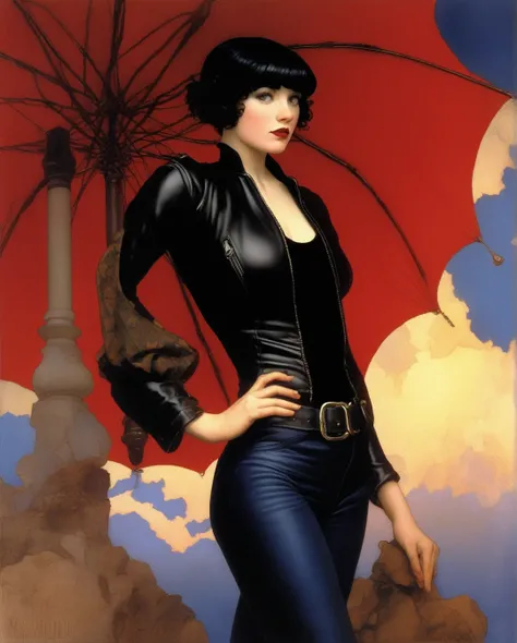 Maxfield Parrish Style - a full-body, high-resolution 1 girl, pale skin, pixie short black hair with bangs , blue eyes, full red lips, big breasts, leather jacket, tight leather jeans, tight black t-shirt. Maxfield Parrish art