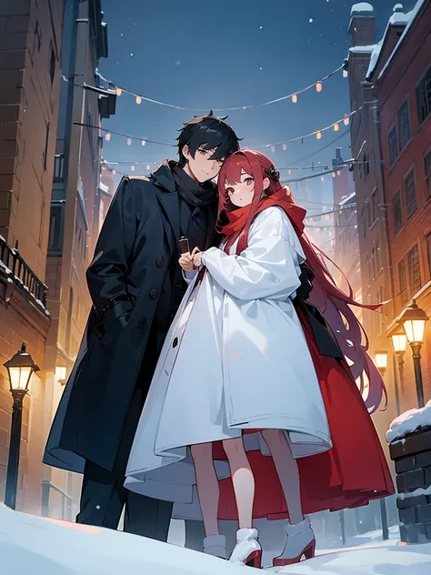 Couple、men and women、Winter Dating、((front:1.4))、Are standing、night、Side by side、In town