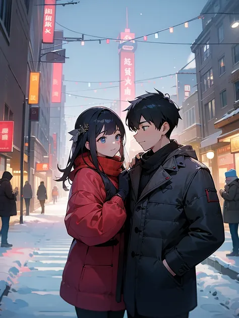 Couple、men and women、Winter Dating、((front:1.4))、Are standing、night、Side by side、In town