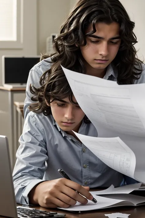 Creates a dark-haired teenager with wavy hair who plays on a computer while very upset and has a lot of paper around him and creams