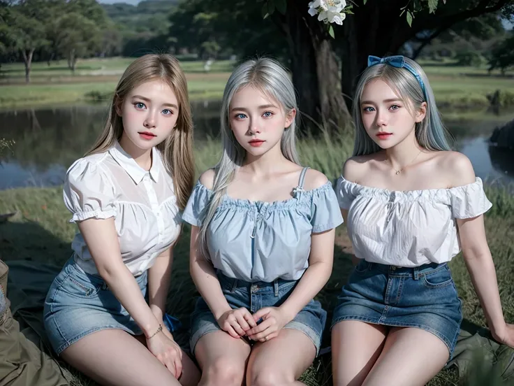 (3 girls), Indonesian baby face, 12 years, white skin, Round breast, blue eyes, meadow, silver hair, 8K, The details are very realistic...., The best of photography Wear a jeans skirt.... 