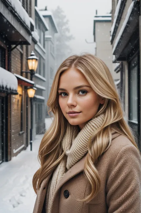 professional portrait photograph of a gorgeous Norwegian girl in winter clothing with long wavy blonde hair, sultry flirty look, gorgeous symmetrical face, cute natural makeup, wearing elegant warm winter fashion clothing, ((standing outside in snowy city ...