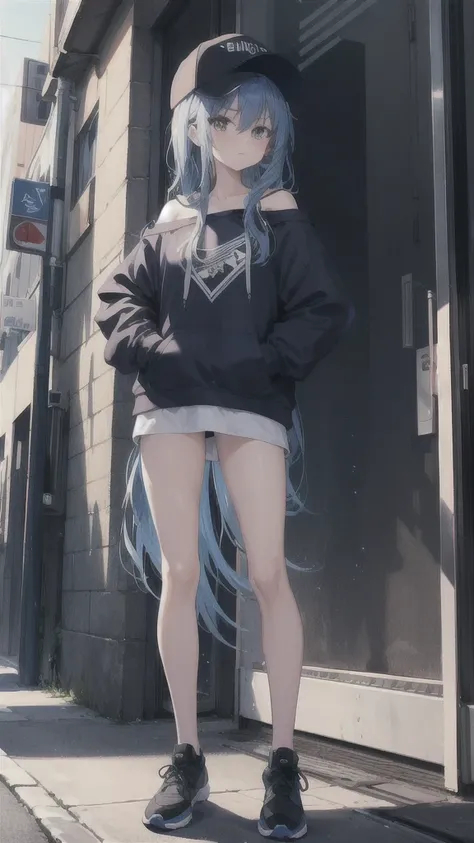 masterpiece,1girl,solo,long hair,blue hair,hoodie,off shoulder:1.2, mob cap, street,hand on hip, hand in pocket,