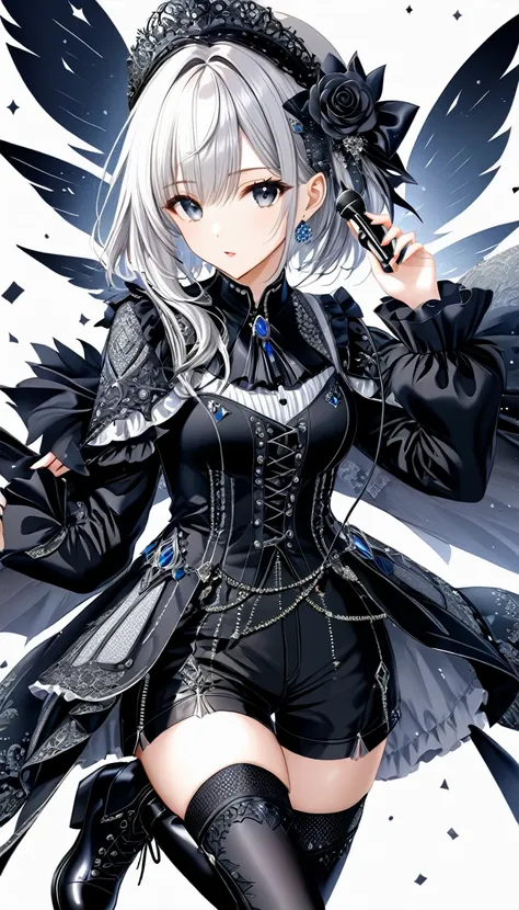 (((White background:1.2)))、(masterpiece、Ultra HD、Masterpiece、４K)、Perfect Style、Scandinavian Gothic Metal Girl, Intricate details, Highly detailed eyes,Gothic Dress, Flash photography, Intricate details、Wear long black boots、Shorts、Uplifting、Only one female...