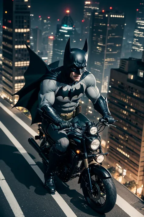 Batman riding his batbike through the streets of a big city
