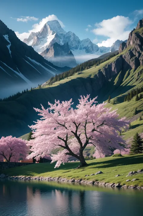 landscape, colorful, pink flowers, sun, tree, mountain, sky, water, clouds, birds, ultra had, (masterpiece,best quality:1.5)