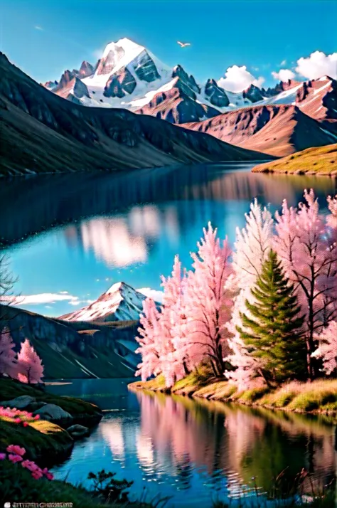 landscape, colorful, pink flowers, sun, tree, mountain, sky, water, clouds, birds, ultra had, (masterpiece,best quality:1.5)