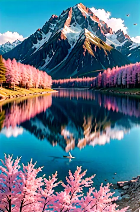 landscape, colorful, pink flowers, sun, tree, mountain, sky, water, clouds, birds, ultra had, (masterpiece,best quality:1.5)