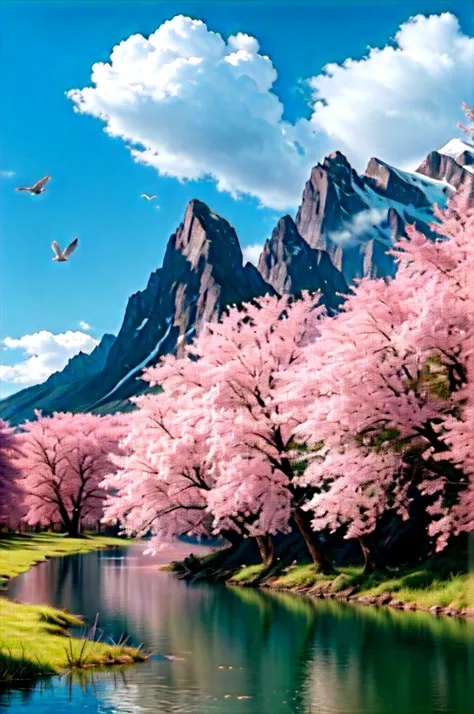 landscape, colorful, pink flowers, sun, tree, mountain, sky, water, clouds, birds, ultra had, (masterpiece,best quality:1.5)