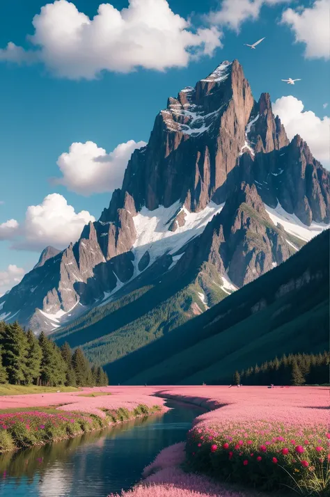 landscape, colorful, pink flowers, sun, tree, mountain, sky, water, clouds, birds, ultra had, (masterpiece,best quality:1.5)