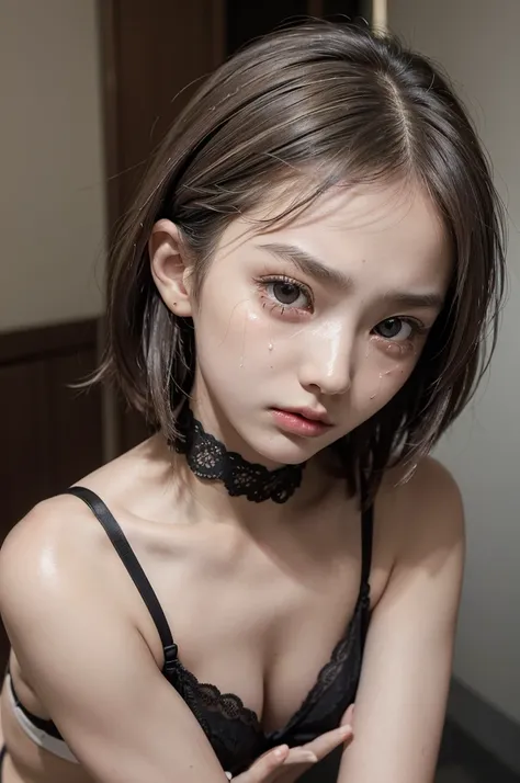 ((Highest quality)), ((masterpiece)), (detailed), Perfect Face, she is flat ,10 years old, small girl, slim, Black Bob, ((Narrow eyes)), Japanese, forehead, ((Frightened expression)), (crying), ((white bra, panties)), choker, ahegao, looking at viewer, loo...