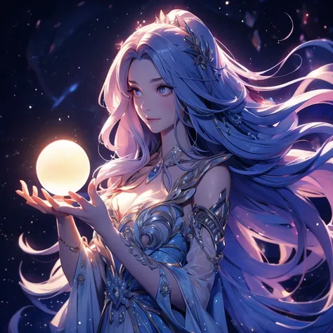 a woman in a long, flowing dress holding a crystal ball in her hand. The crystal ball is filled with a glowing, magical light that seems to emanate from within. The woman’s face is obscured by the shadows cast by the light, but her long, flowing hair is vi...