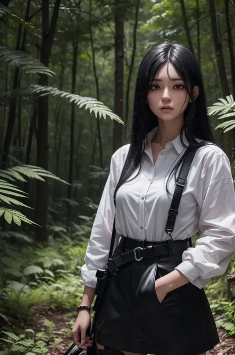 I want a girl with black hair and black eyes with a pistol in a forest by day in a storm in dark weather anime 