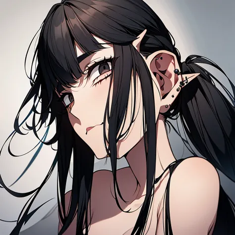 An elf with long black hair with a ponytail and black eyes with a piercing on her lip in a gray rushak