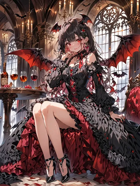 score_9, score_8_up, score_7_up, source_anime, masterpiece, best quality, high resolution, extremely detailed CG, absurdres, highres, 1girl, solo, a vampire girl in gothic costume, stands near a round table with a brandy glass filled with red wine, bat_win...