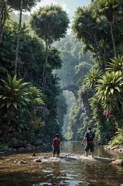 unreal engine 5 render, jungle, river, flowers, extremely detailed, colorful, beautiful!
A Father and Son skipping rocks on the river, and they have their mixed breed dog wagging its tail.