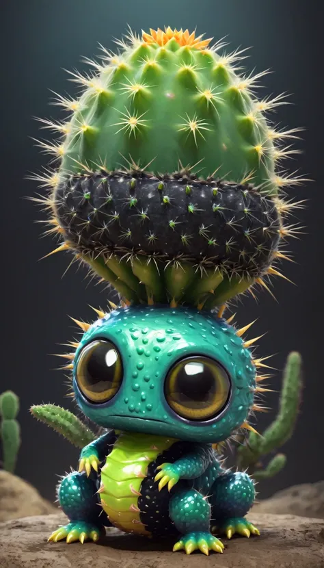 Cute little cactus monster with a belly and legs, a python on its head and totally black eyes