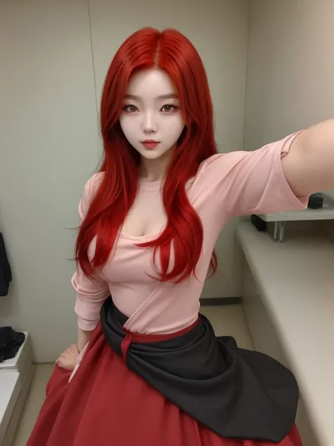 Korean woman selfie with red hair 