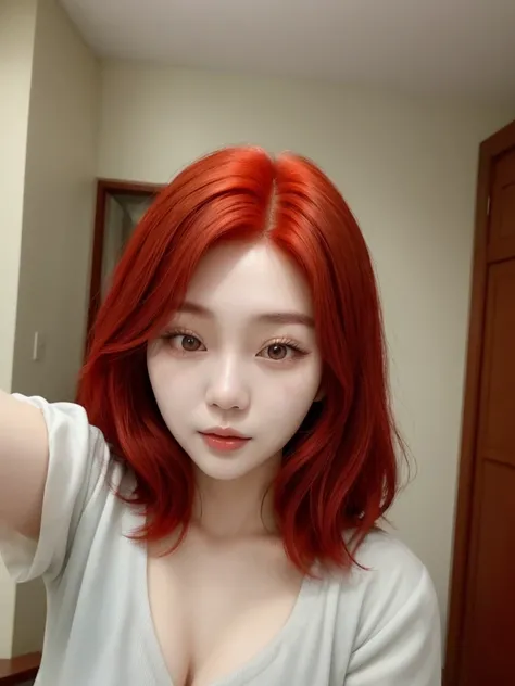 Korean woman selfie with red hair 