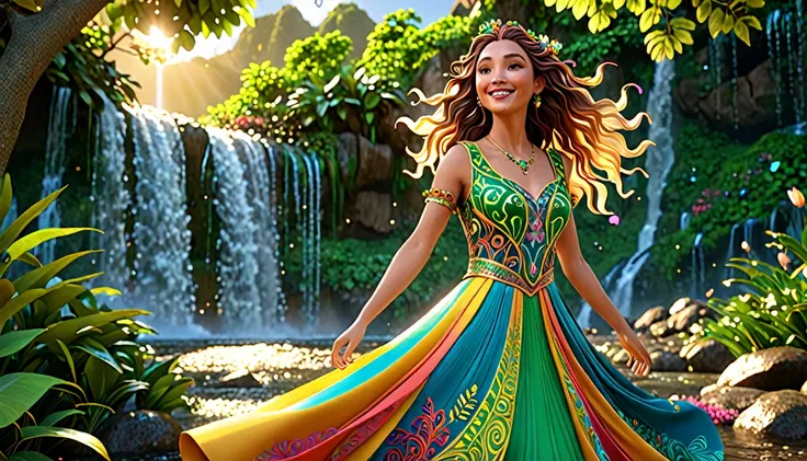 A stunning, cinematic 3D render of a joyful and vibrant character named Alegria. She is a captivating figure, wearing a colorful, flowing dress adorned with intricate patterns. Her hair is elegant, flowing in the wind, and her eyes sparkle with a radiant e...