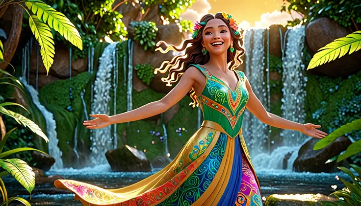 A stunning, cinematic 3D render of a joyful and vibrant character named Alegria. She is a captivating figure, wearing a colorful, flowing dress adorned with intricate patterns. Her hair is elegant, flowing in the wind, and her eyes sparkle with a radiant e...