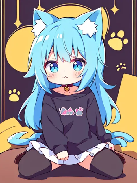 chibi, cat bars,animal ear fluff,:3,cat&#39;s tail,cat girl,modo kemonomimi, maomao,1 girl,blunt bangs,green fur,wide,blue eyes,...