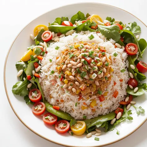 a plate of vegetarian food with rice, bean, some salad and vegetables seen from above with a white background with a space to write next to it

