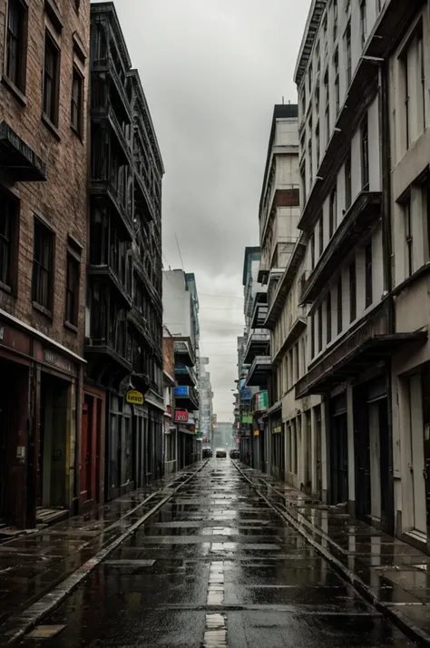 Long street, dark and rainy, abandoned buildings on the sides, 