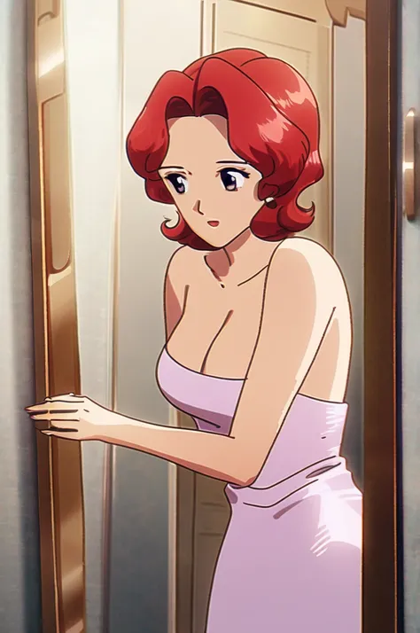 ((Лучшее качество)), ((шедевр)), (подробный), 80’s anime artstyle red hair nude milf in bathroom